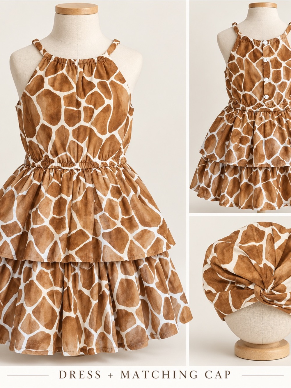 Janie and Jack Brown and White Giraffe Print Tiered Dress with Matching Cap